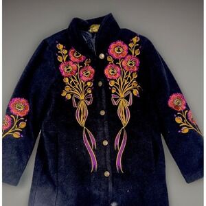 Vintage Bob Mackie Fleece Jacket Embroidered Black XXS (fits More Like Sm) Art